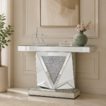 AquaBath premium stainless steel console table with mirrored finish and luxury geometric designer base