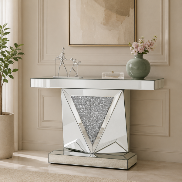 AquaBath premium stainless steel console table with mirrored finish and luxury geometric designer base