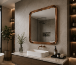 Angled View of AquaBath Rose Gold Stainless Steel Frame Mirror