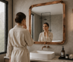 Person Using AquaBath Rose Gold Stainless Steel Frame Mirror