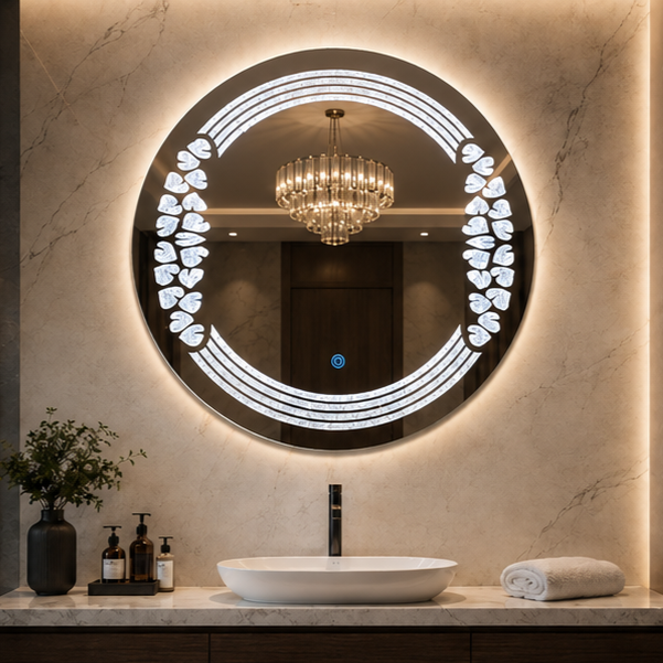 AquaBath Crystal LED Mirror 24 × 24 Inch – Front View AquaBath Crystal LED Bathroom Mirror Front View 24 × 24 Inches
