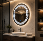 Angled View of AquaBath Crystal LED Bathroom Mirror