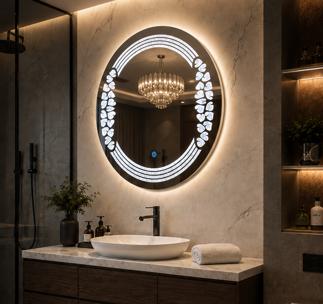 AquaBath Crystal LED Mirror 24 × 24 Inch – Angled View Angled View of AquaBath Crystal LED Bathroom Mirror