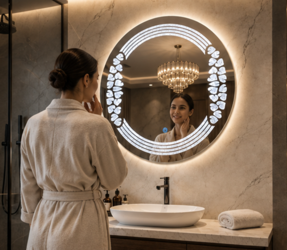 AquaBath Crystal LED Mirror – Lifestyle View Person Using AquaBath Crystal LED Bathroom Mirror