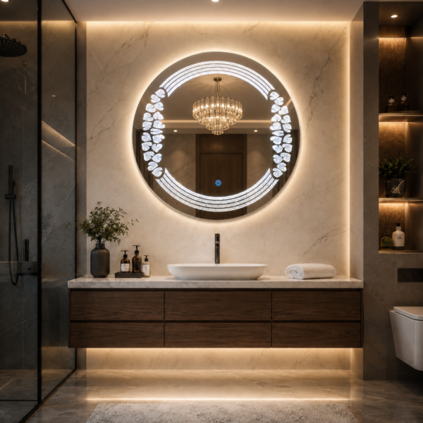 Round Crystal LED Bathroom Mirror with Decorative LED Design by AquaBath