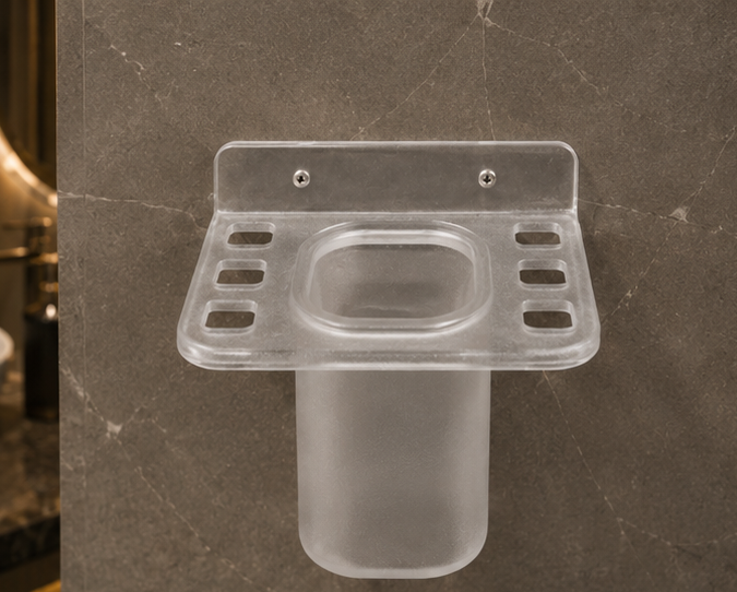 AquaBath Transparent ABS Toothbrush Holder with Tumbler – Front View AquaBath Transparent ABS Wall Mounted Toothbrush Holder with Removable Tumbler Front View 5 × 5 × 3.5 Inches