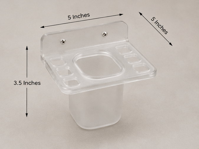 AquaBath Transparent ABS Toothbrush Holder with Tumbler Dimensions Dimension View of AquaBath Transparent ABS Toothbrush Holder Showing 5 × 5 × 3.5 Inch Size