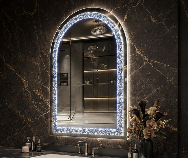 AquaBath Arch LED Mirror 18 × 24 Inch – Angled View Angled View of AquaBath Arch LED Bathroom Mirror 18 × 24 Inches