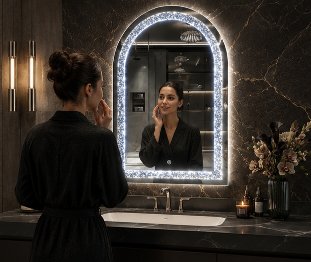 AquaBath Arch LED Mirror – Everyday Use Person Using AquaBath Arch LED Bathroom Mirror in Luxury Bathroom