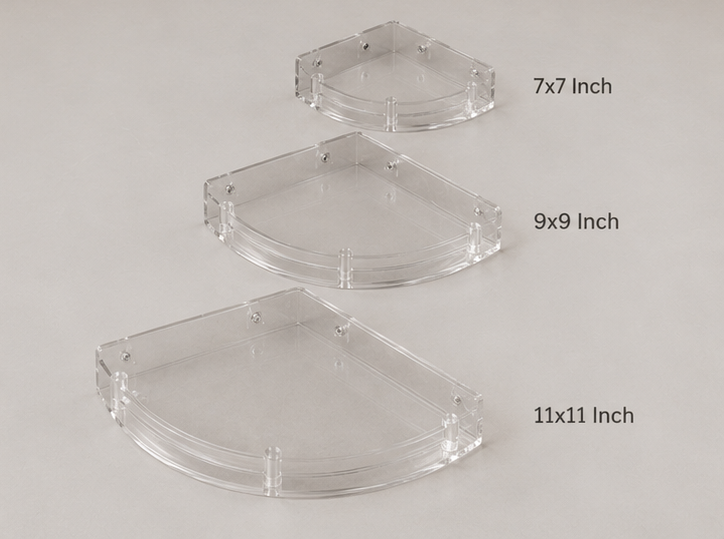 AquaBath Transparent ABS Corner Shelf Set – Size Comparison AquaBath Transparent ABS Corner Shelf Set Available in 7×7, 9×9 and 11×11 Inches