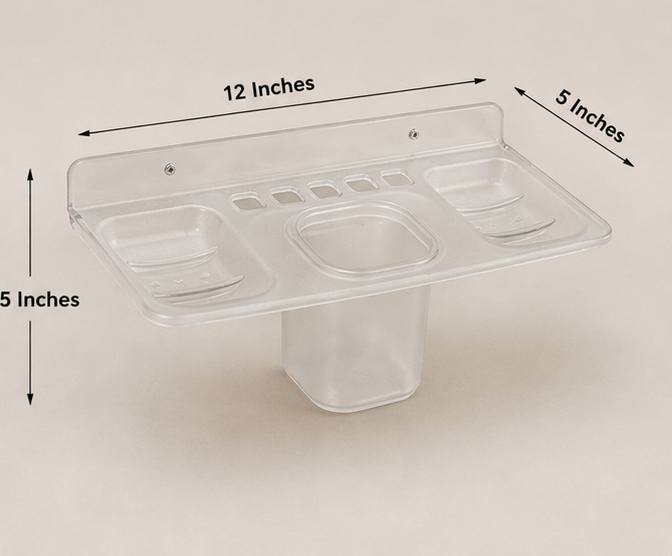AquaBath Transparent ABS Toothbrush Holder Shelf Dimensions Dimension View of AquaBath Transparent ABS Toothbrush Holder Shelf Showing 12 × 5 × 5 Inch Size