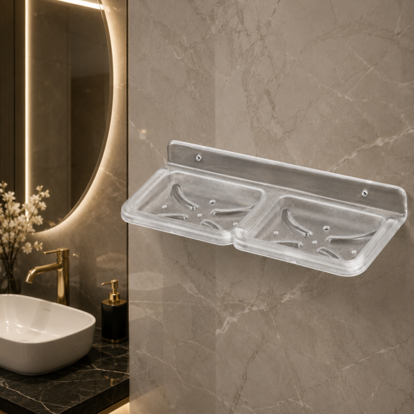 AquaBath premium plastic double soap dish wall mounted transparent bathroom soap holder with dual compartments