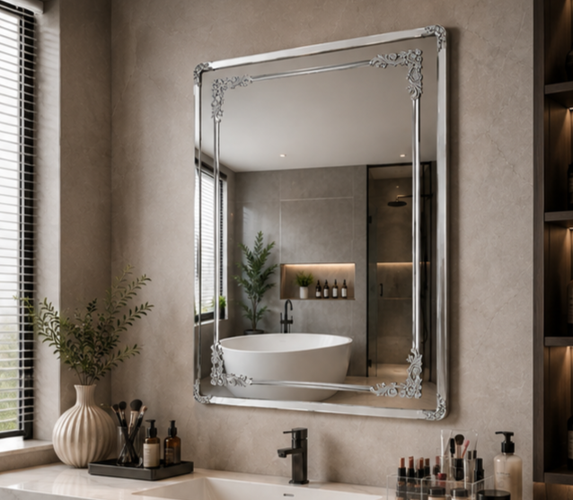 AquaBath Double SS Decorative Mirror 18 × 24 Inch – Angled View Angled View of AquaBath Double SS Decorative Mirror