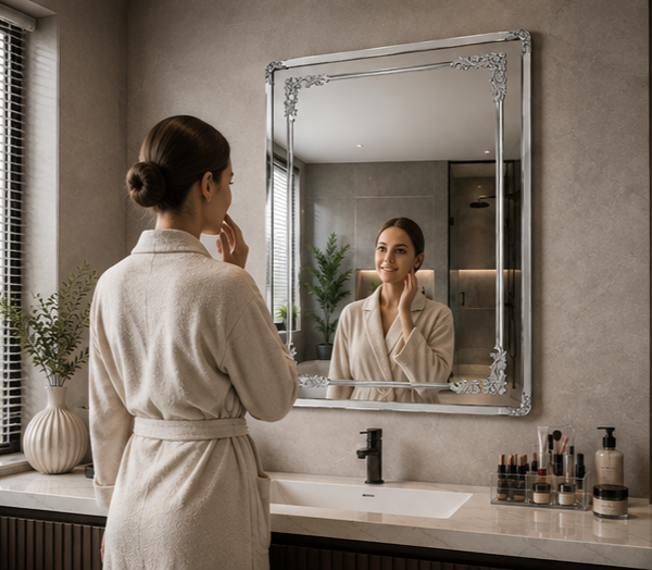 AquaBath Double SS Decorative Mirror – Lifestyle View Person Using AquaBath Double SS Decorative Mirror