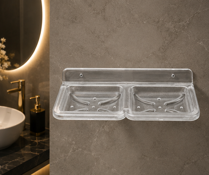AquaBath Transparent ABS Double Soap Dish – Front View AquaBath Transparent ABS Double Wall Mounted Soap Dish Front View 10 × 5 × 1 Inches