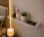 Angled View of AquaBath Transparent ABS Wall Shelf 18 × 5.5 × 2 Inches