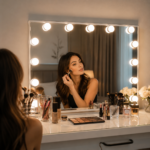 Woman Applying Makeup Using AquaBath Hollywood Vanity Mirror with LED Bulbs