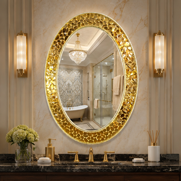 AquaBath Mosaic Decorative Mirror 18 × 24 Inch – Front View AquaBath Gold Mosaic Decorative Mirror Front View 18 × 24 Inches