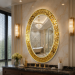 Angled View of AquaBath Gold Mosaic Decorative Mirror