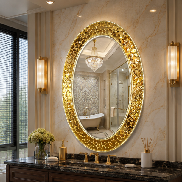 AquaBath Mosaic Decorative Mirror 18 × 24 Inch – Angled View Angled View of AquaBath Gold Mosaic Decorative Mirror