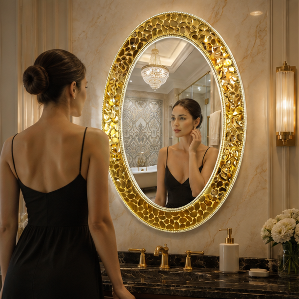 AquaBath Mosaic Decorative Mirror – Lifestyle View Person Using AquaBath Gold Mosaic Decorative Mirror