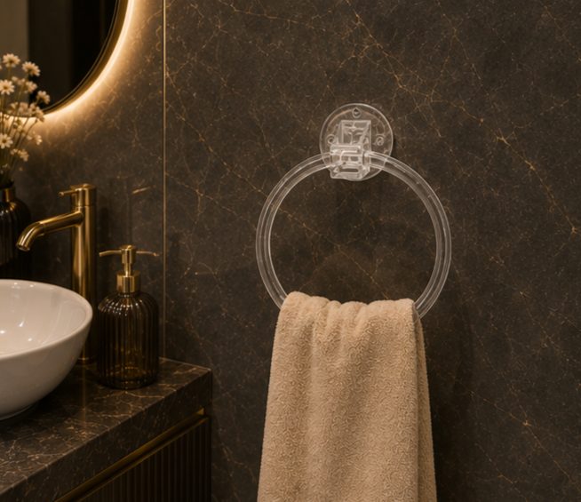 AquaBath Transparent ABS Towel Ring – Front View AquaBath Transparent ABS Towel Ring Front View 7 × 7 Inches Wall Mounted Bathroom Towel Holder