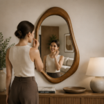 Person Using AquaBath Designer Wooden Frame Mirror