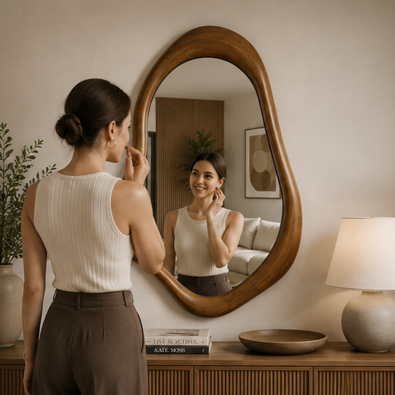 AquaBath Designer Wooden Frame Mirror – Lifestyle View Person Using AquaBath Designer Wooden Frame Mirror