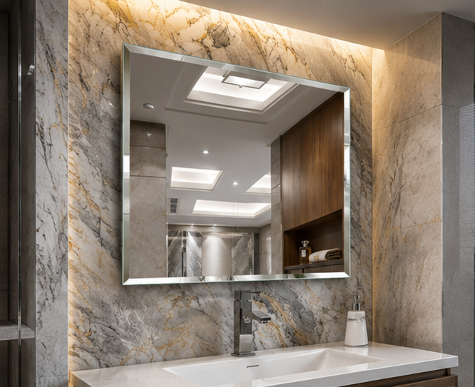 AquaBath Bevelled Wall Mirror 24 × 18 Inch – Angled View Angled View of AquaBath Bevelled Wall Mirror 24 × 18 Inches 5mm Glass