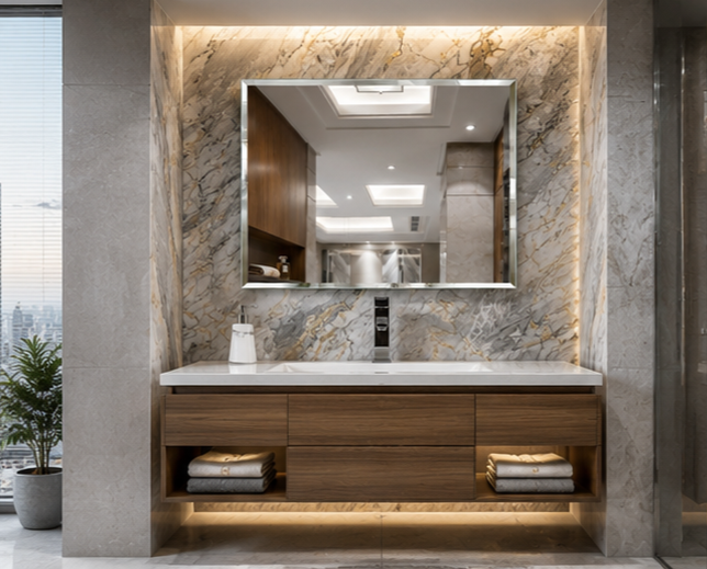AquaBath Bevelled Wall Mirror 24 × 18 Inch – Bathroom Installation Installed AquaBath Bevelled Wall Mirror Above Bathroom Vanity 24 × 18 Inches