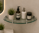 AquaBath Premium Tempered Glass Corner Shelf Front View 12 × 12 Inches with Stainless Steel Safety Rail