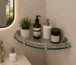 Angled View of AquaBath Tempered Glass Corner Shelf with Stainless Steel Rail 12 × 12 Inches
