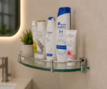 Side View of AquaBath Tempered Glass Corner Shelf with Stainless Steel Rail