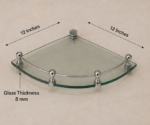 Dimension View of AquaBath Tempered Glass Corner Shelf Showing 12 × 12 Inches with 8 mm Glass Thickness