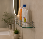 wall Side View of AquaBath Tempered Glass Bathroom Shelf with Stainless Steel Rail