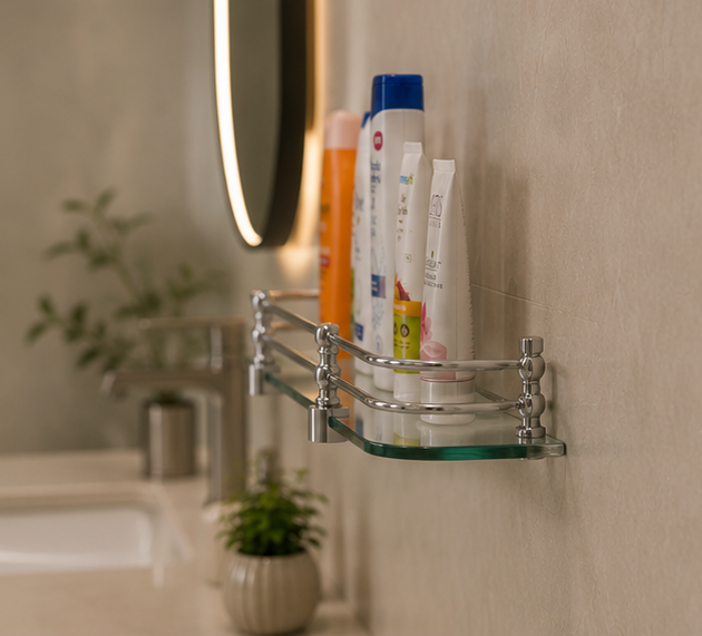 AquaBath Premium Glass Wall Shelf – wall Side View wall Side View of AquaBath Tempered Glass Bathroom Shelf with Stainless Steel Rail