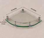 Dimension View of AquaBath Tempered Glass Corner Shelf Showing 12 × 12 Inch Size with 8 mm Glass Thickness