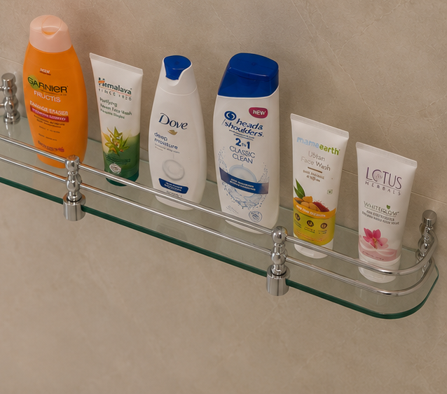 AquaBath Premium Glass Wall Shelf – Angled View Angled View of AquaBath Tempered Glass Wall Shelf with Stainless Steel Rail 18 × 5.5 Inches