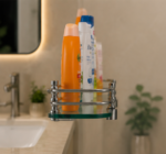 Side View of AquaBath Tempered Glass Bathroom Shelf with Stainless Steel Rail