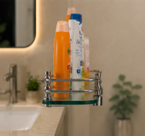 AquaBath Premium Glass Wall Shelf – Side View Side View of AquaBath Tempered Glass Bathroom Shelf with Stainless Steel Rail