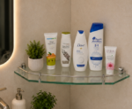 AquaBath Premium Glass Corner Shelf Front View 12 × 12 Inches with Stainless Steel Safety Rail