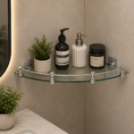 AquaBath Arc Toughened Glass Corner Shelf with stainless steel railing, 12×12 inch, made from 8mm tempered glass.