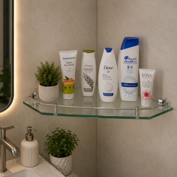 AquaBath Diamond Shape Toughened Glass Corner Shelf with Stainless Steel Railing 12×12 Inch