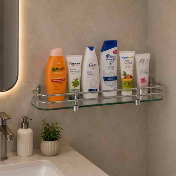 AquaBath Premium Toughened Glass Bathroom Shelf with Stainless Steel Railing 18 x 5.5 Inch