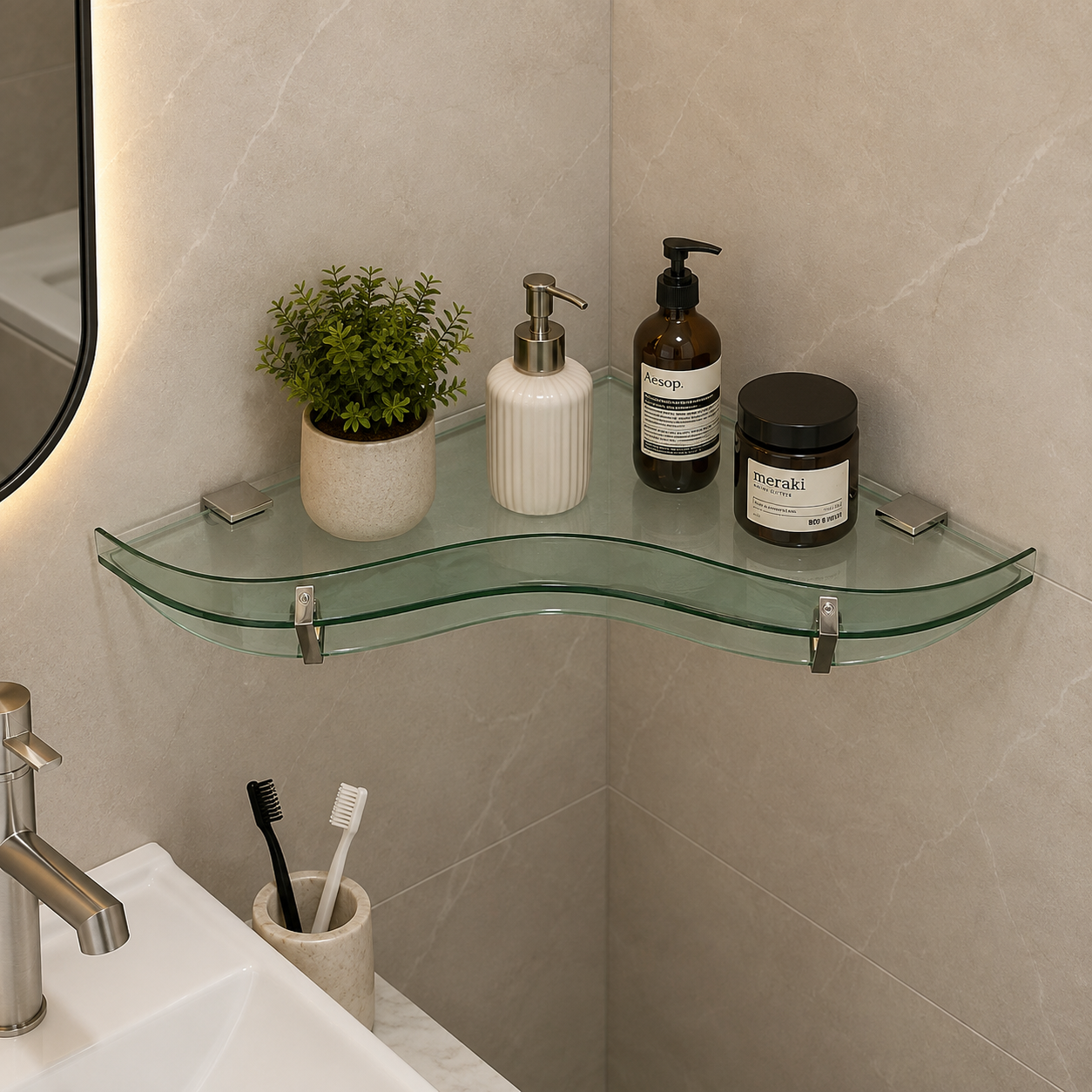 AquaBath Wave Toughened Glass Corner Shelf 12x12 Inch AquaBath Wave Toughened Glass Corner Shelf 12×12 Inch made from 8mm tempered glass for modern bathroom storage.