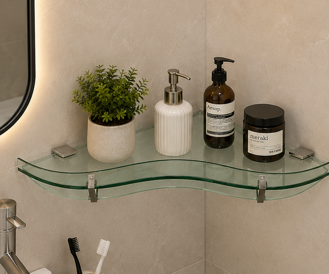 AquaBath Designer Glass Corner Shelf – Front View AquaBath Designer Tempered Glass Corner Shelf Front View 12 × 12 Inches with Stainless Steel Brackets