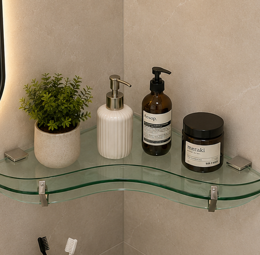 AquaBath Designer Glass Corner Shelf – Angled View Angled View of AquaBath Designer Tempered Glass Corner Shelf 12 × 12 Inches