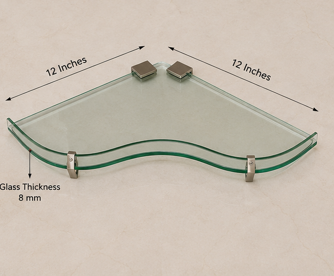 AquaBath Designer Glass Corner Shelf Dimensions Dimension View of AquaBath Designer Tempered Glass Corner Shelf Showing 12 × 12 Inches with 8 mm Glass Thickness